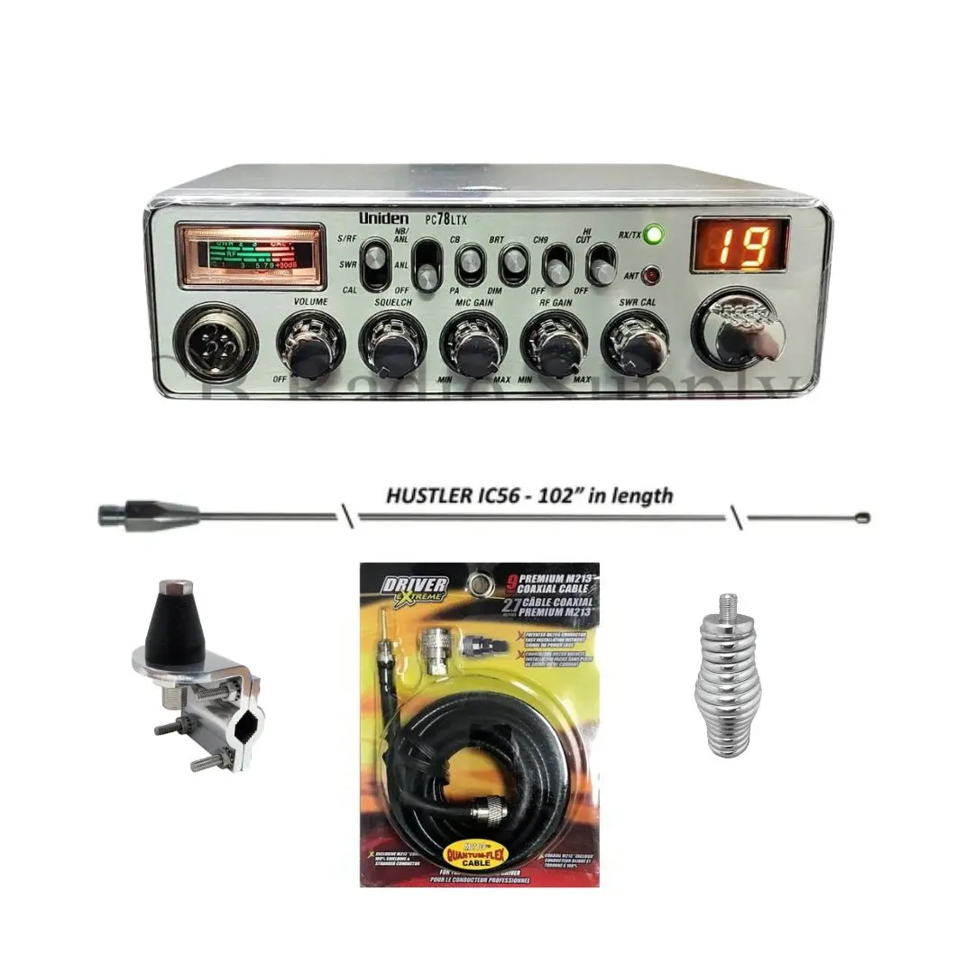 Uniden Pc78ltx Cb Radio, Hustler Ic56 102 Inch Whip, Antenna Mirror Mount, Barrel Spring, Coax Cable, Bundle 1