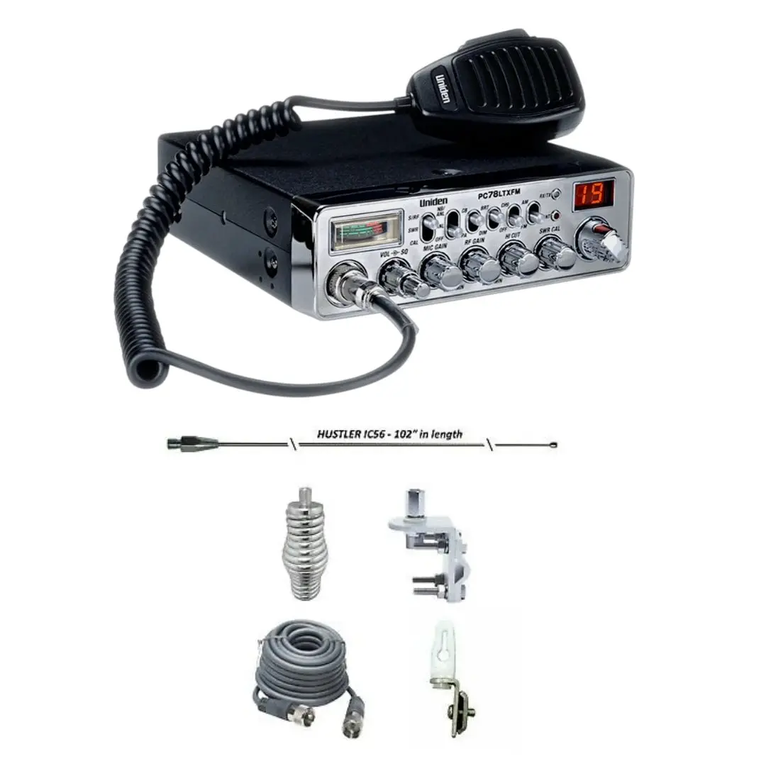 Uniden Pc78ltx Fm Cb Radio, Hustler Ic56 102" Cb Radio Stainless Steel Whip Antenna & Installation Kit - 18' Rg8x, Tie Down, Combo 1