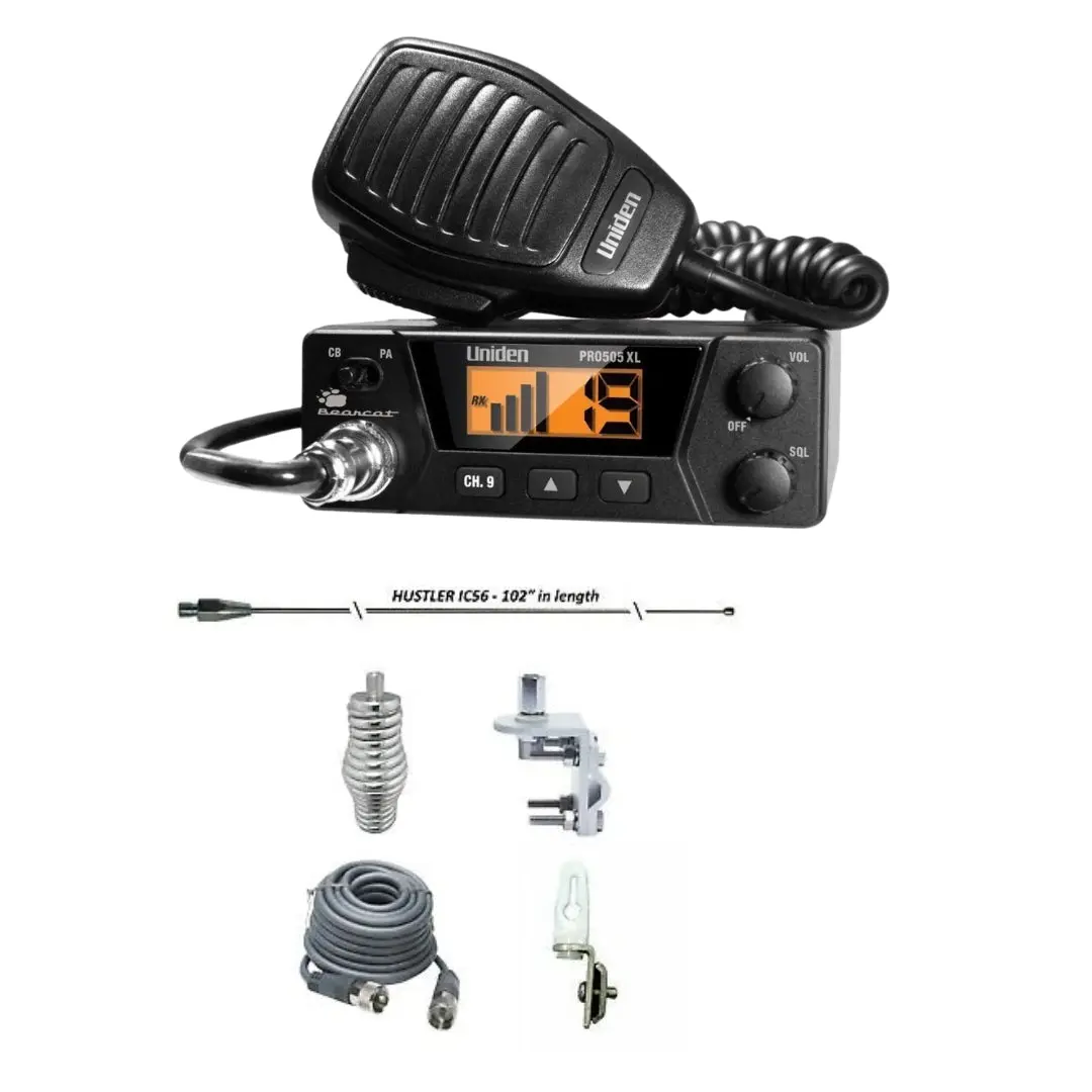 Uniden Pro 505 Xl Cb Radio, Hustler Ic56 102" Cb Radio Stainless Steel Whip Antenna & Installation Kit - 18' Rg8x, Tie Down, Combo 1