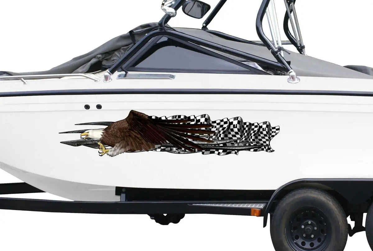 Racing Eagle Checkered Flag Boat Vinyl Decal – Port & Starboard Set 1
