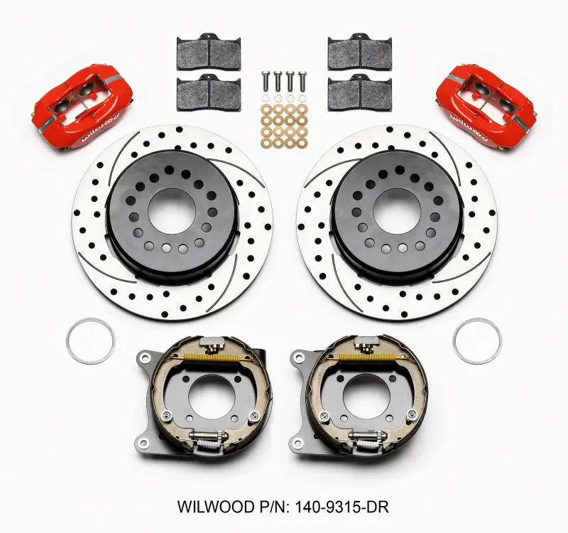 Wilwood Forged Dynalite Power Steering Park Brake Kit — Drilled Red Calipers, 12-Bolt, 2.75" Offset, Staggered Shock Mount 1